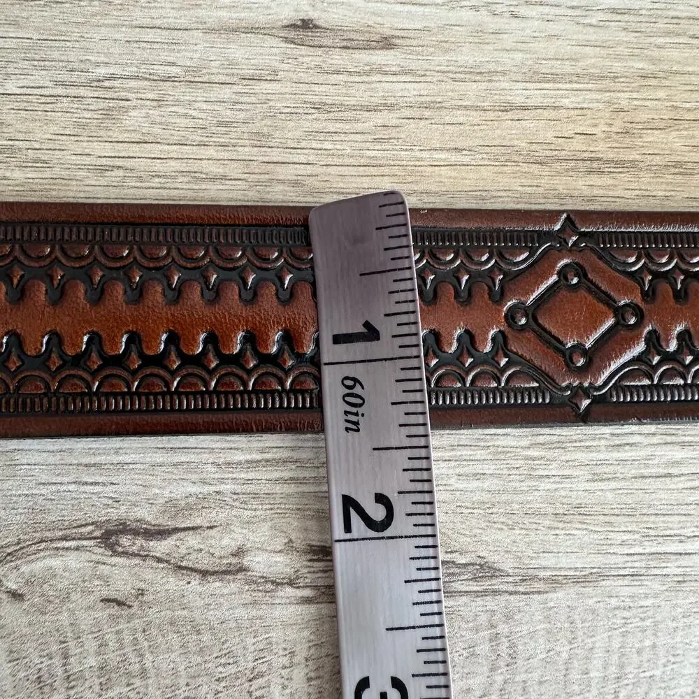 Vintage USA Made Genuine Leather Brown Tooled Belt 44